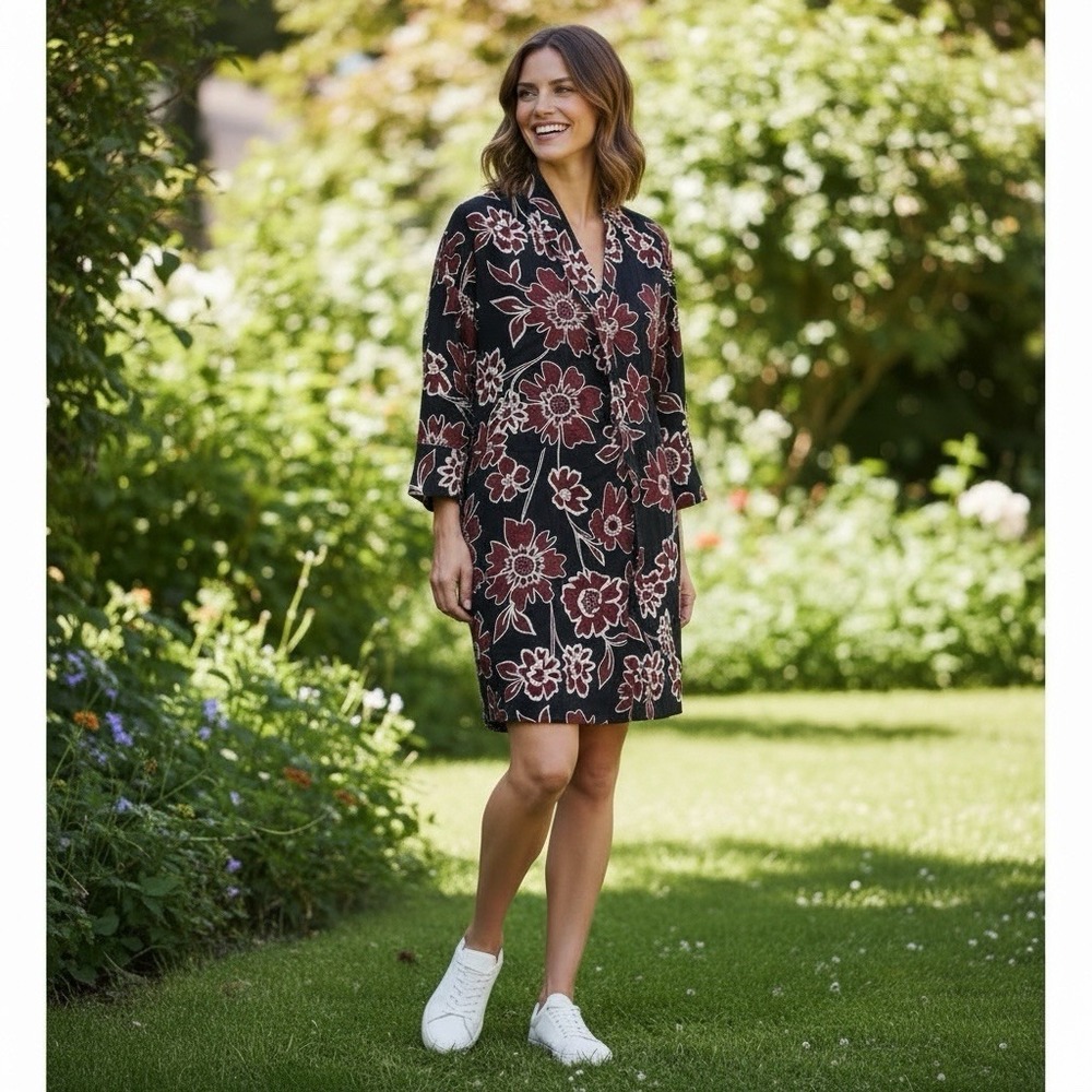 Zara Basic Floral Kimono Dress Small Black‎ Brown Sheer Boho 3/4 Sleeve